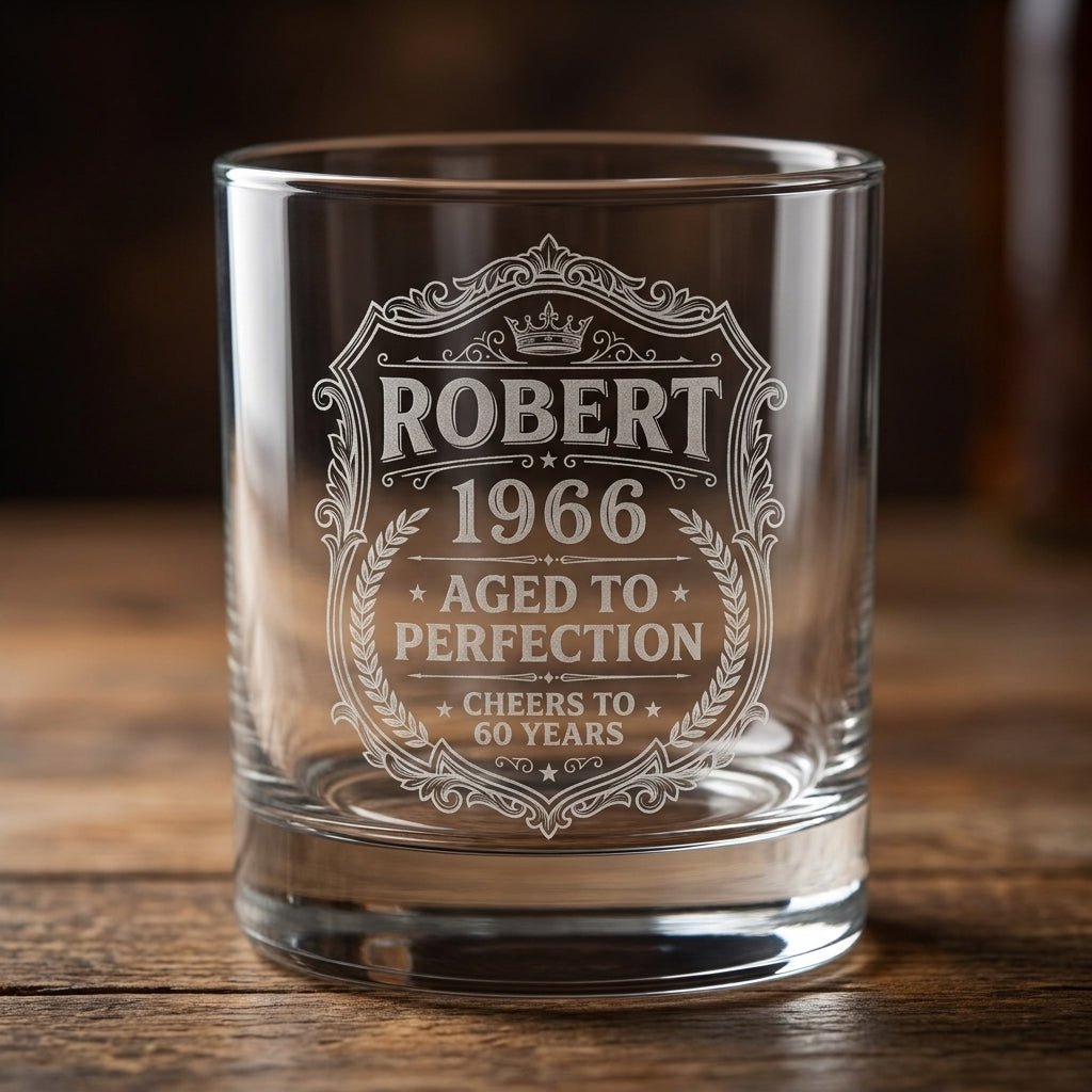 Engraved 60th Birthday Gift – Custom "Aged to Perfection" Whiskey Glass - Sipengrave
