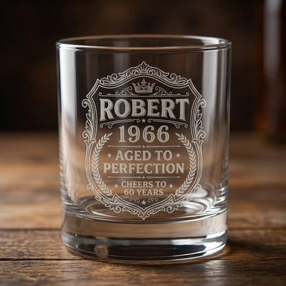 Engraved 60th Birthday Gift – Custom "Aged to Perfection" Whiskey Glass - Sipengrave