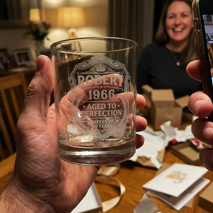 Engraved 60th Birthday Gift – Custom "Aged to Perfection" Whiskey Glass - Sipengrave