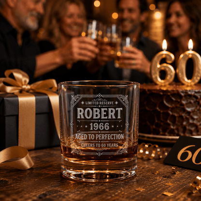 Engraved 60th Birthday Gift – Custom "Limited Reserve" Whiskey Glass - Sipengrave