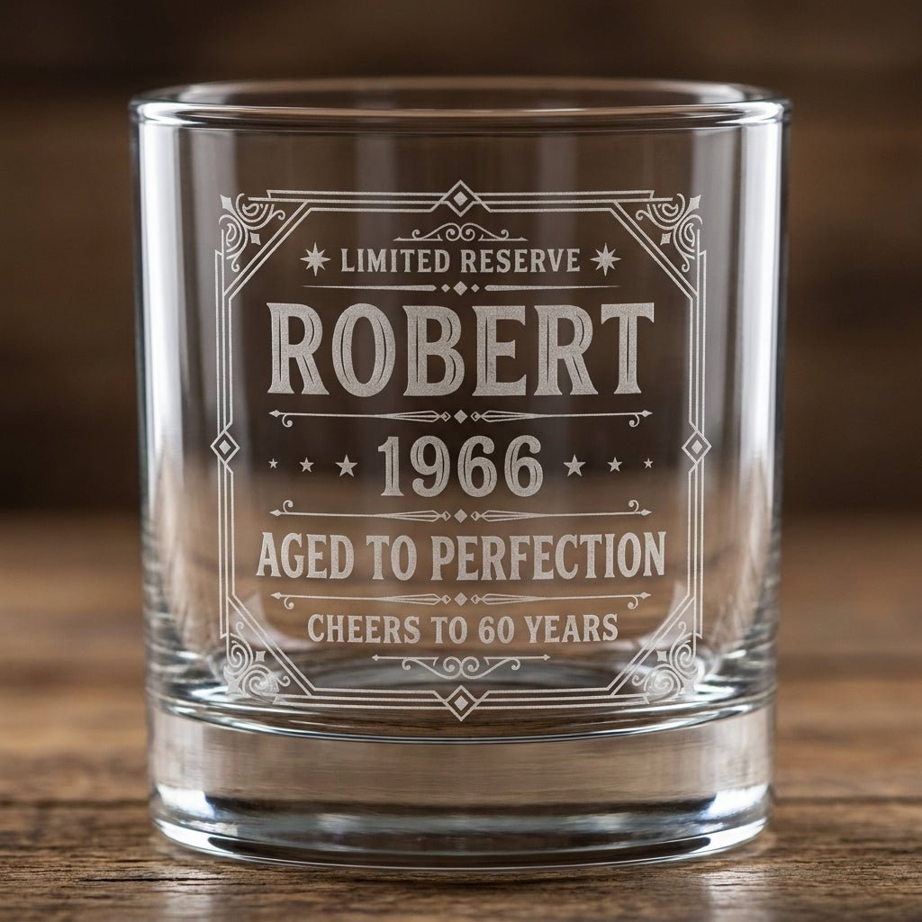 Engraved 60th Birthday Gift – Custom "Limited Reserve" Whiskey Glass - Sipengrave