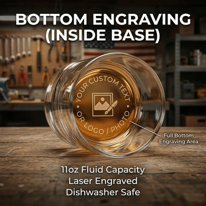 Personalized engraved whiskey glass with optional bottom engraving for hidden message or date inside the base.