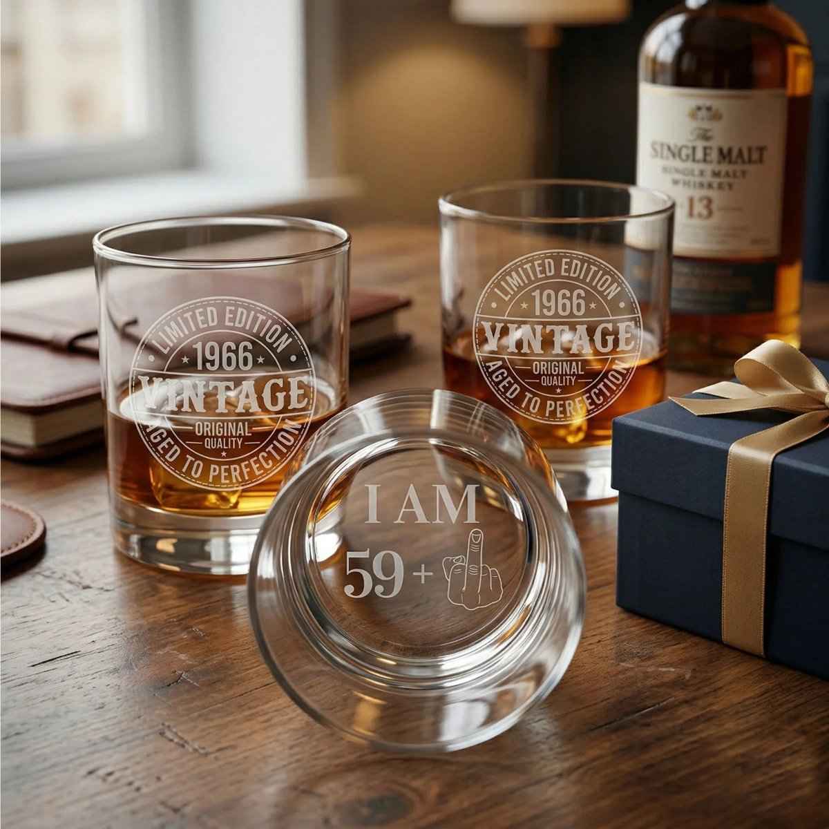 Funny 60th Birthday Whiskey Glass for Him - 59+1 Middle Finger Glass - Sipengrave