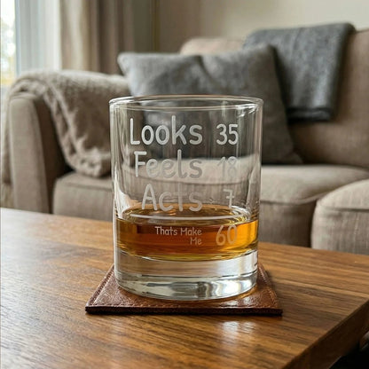 Funny 60th Birthday Whiskey Glass - Looks 35 Feels 18 Acts 7 | SipEngrave - Sipengrave