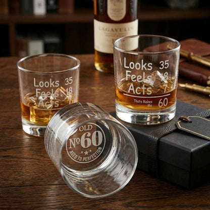 Funny 60th Birthday Whiskey Glass - Looks 35 Feels 18 Acts 7 | SipEngrave - Sipengrave