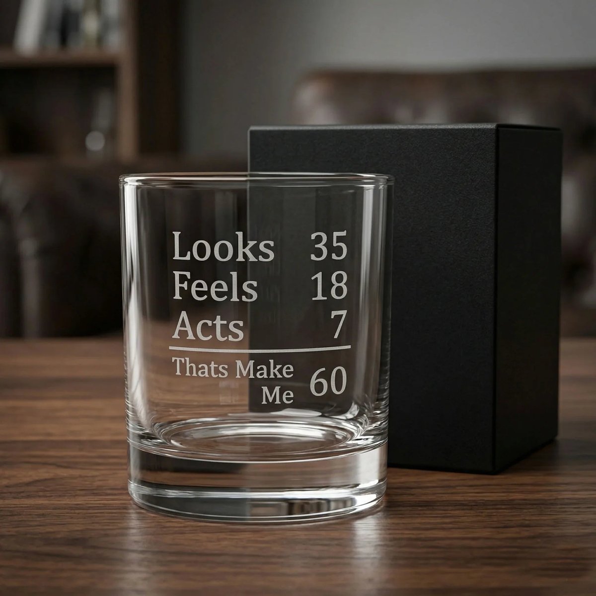 Funny 60th Birthday Whiskey Glass - Looks 35 Feels 18 Acts 7 | SipEngrave - Sipengrave