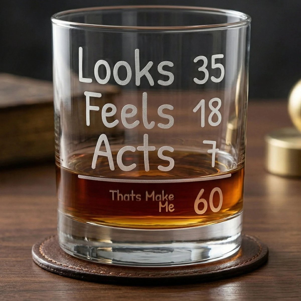 Funny 60th Birthday Whiskey Glass - Looks 35 Feels 18 Acts 7 | SipEngrave - Sipengrave