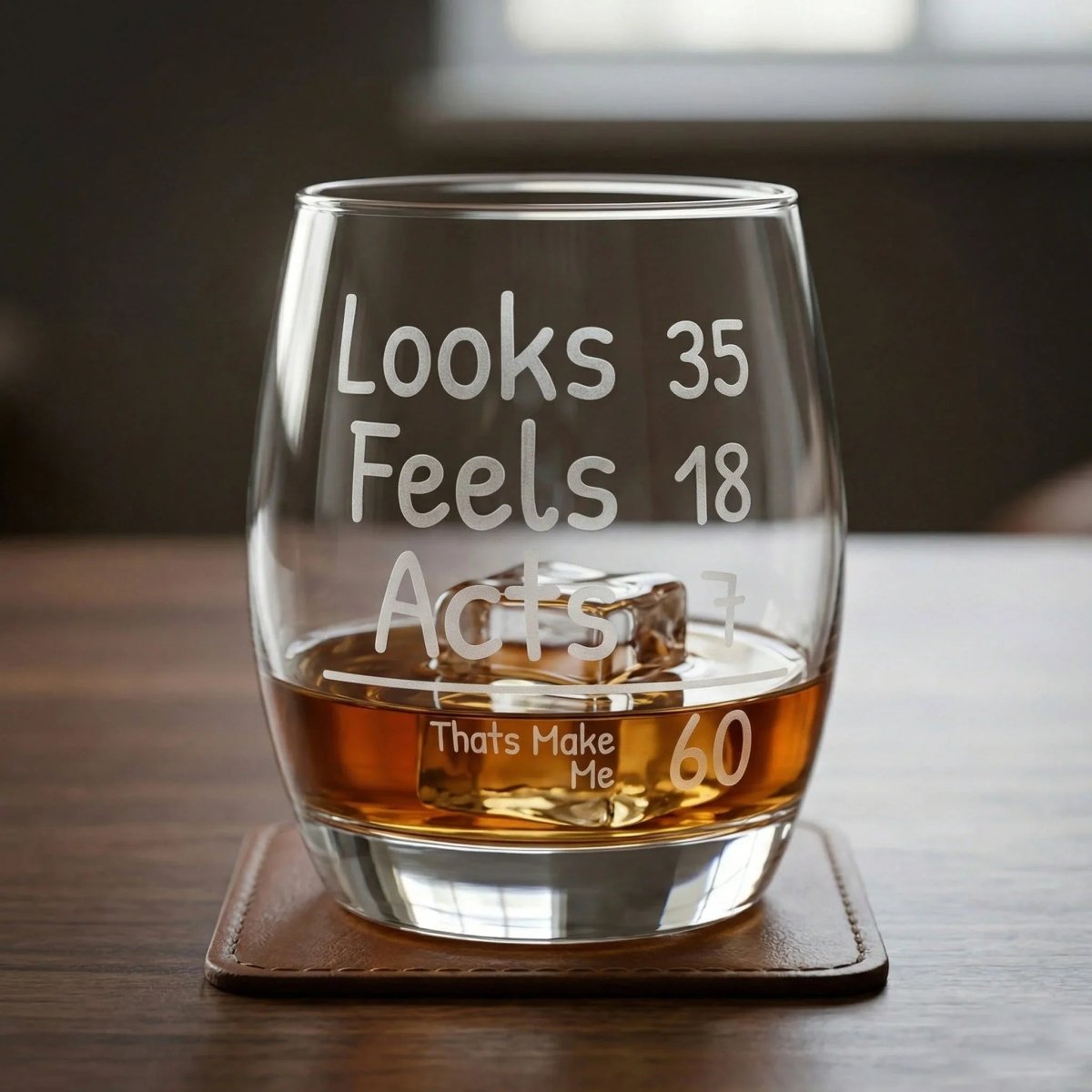Funny 60th Birthday Whiskey Glass - Looks 35 Feels 18 Acts 7 | SipEngrave - Sipengrave
