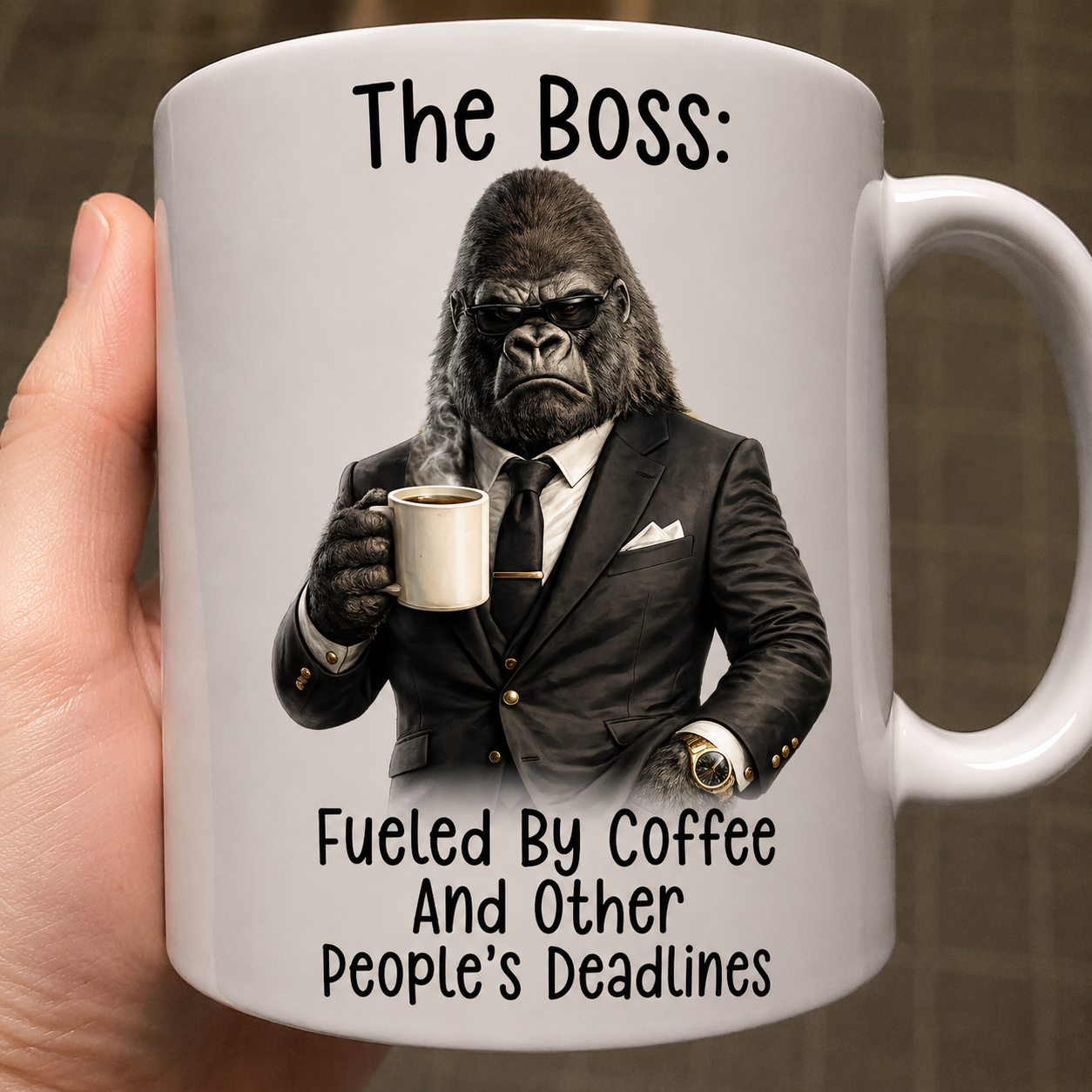 Funny boss mug with serious gorilla in suit and quote Fueled By Coffee And Other People's Deadlines