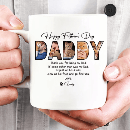 Custom cat photo coffee mug by Sipengrave featuring a happy cat, perfect for cat lovers and Father’s Day gifts.