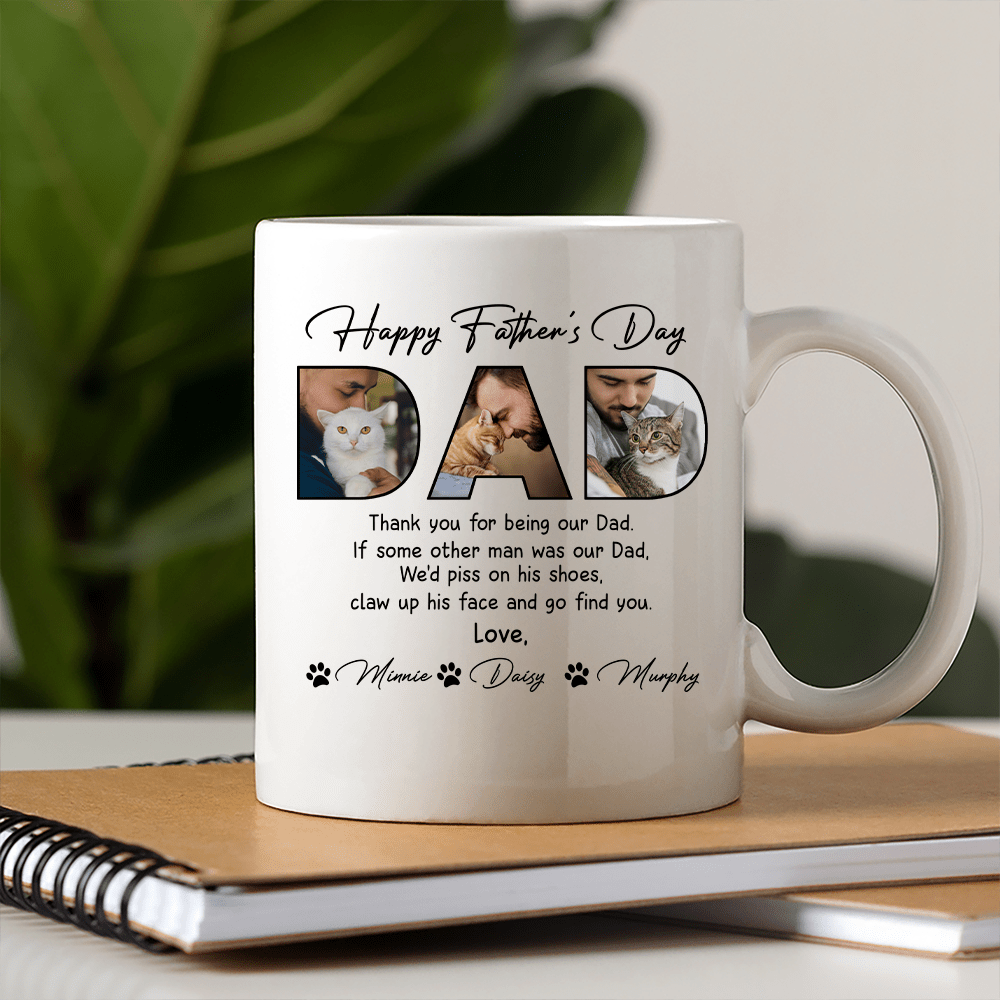 Personalized Sipengrave coffee mug with custom cat photo, perfect for cat lovers and cat dad Father's Day gift.
