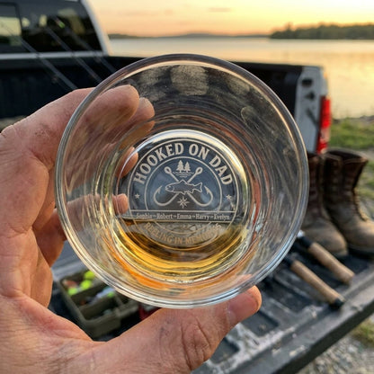 "Hooked on Dad" Personalized Fishing Gift for Dad – Engraved Whiskey Glass - Sipengrave