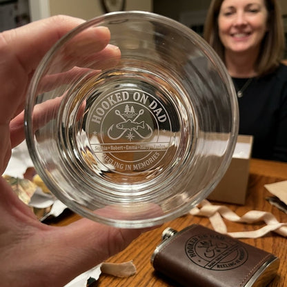 "Hooked on Dad" Personalized Fishing Gift for Dad – Engraved Whiskey Glass - Sipengrave