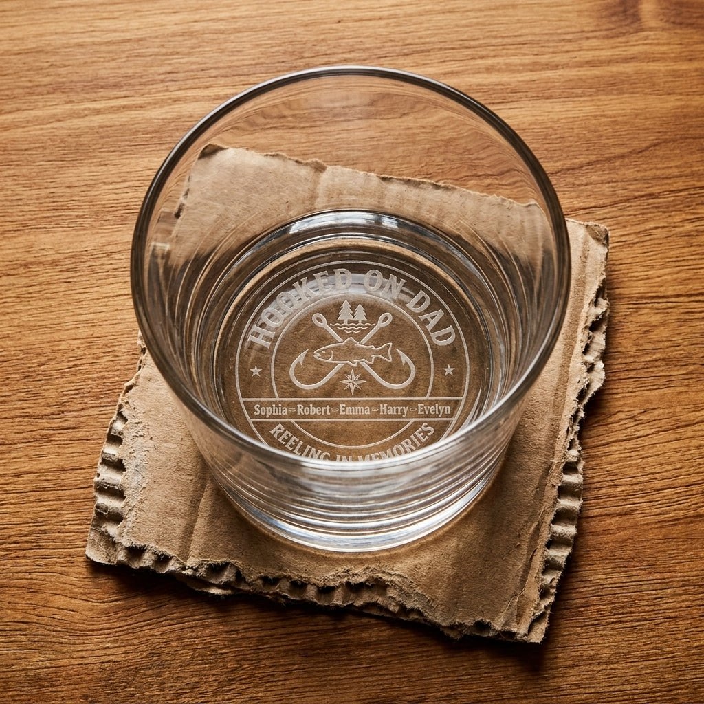 "Hooked on Dad" Personalized Fishing Gift for Dad – Engraved Whiskey Glass - Sipengrave
