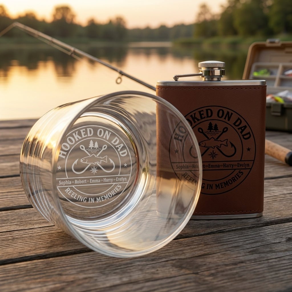 "Hooked on Dad" Personalized Fishing Gift for Dad – Engraved Whiskey Glass - Sipengrave