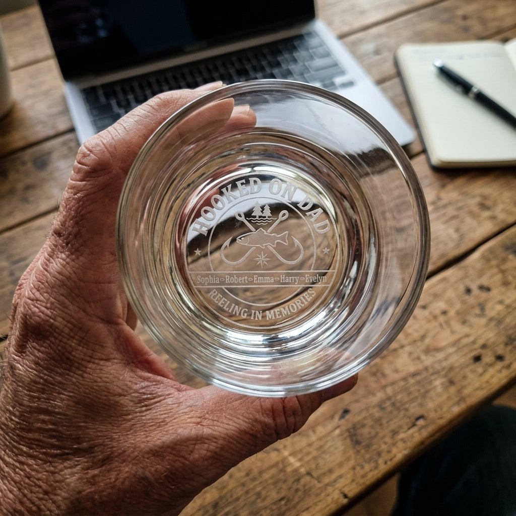 "Hooked on Dad" Personalized Fishing Gift for Dad – Engraved Whiskey Glass - Sipengrave