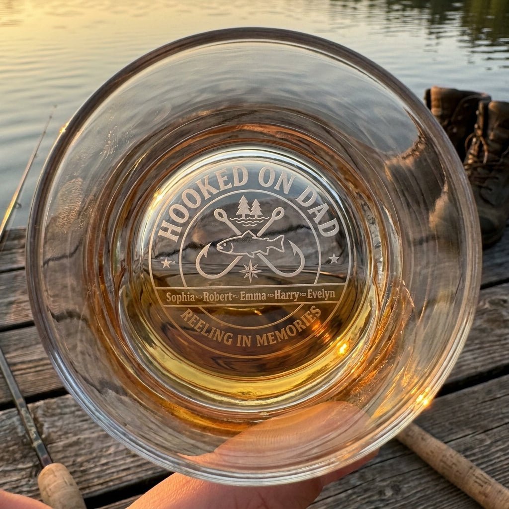 "Hooked on Dad" Personalized Fishing Gift for Dad – Engraved Whiskey Glass - Sipengrave