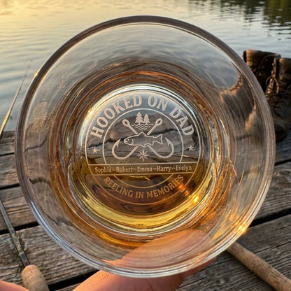 "Hooked on Dad" Personalized Fishing Gift for Dad – Engraved Whiskey Glass - Sipengrave