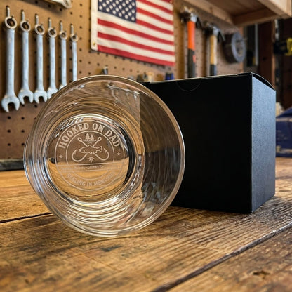 "Hooked on Dad" Personalized Fishing Gift for Dad – Engraved Whiskey Glass - Sipengrave