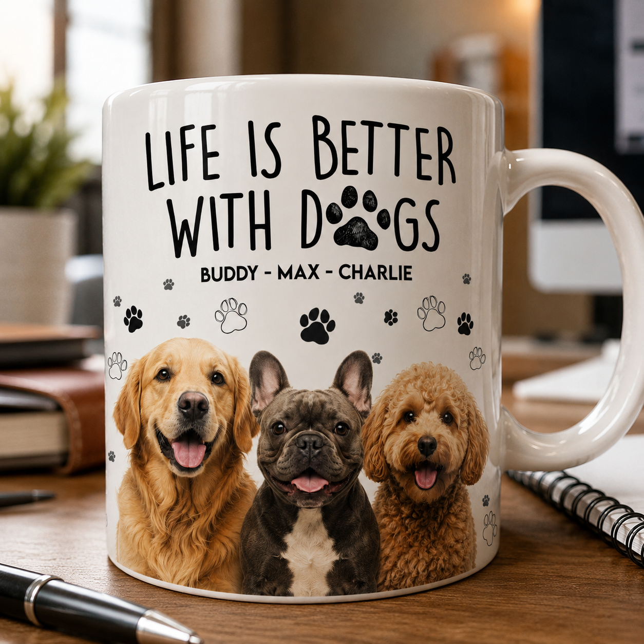 Life Is Better With Dogs mug on office desk