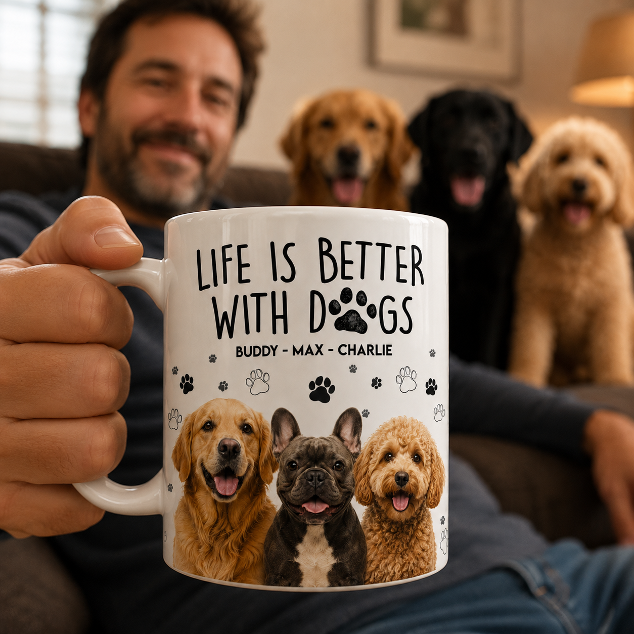 Life Is Better With Dogs mug with dogs on sofa