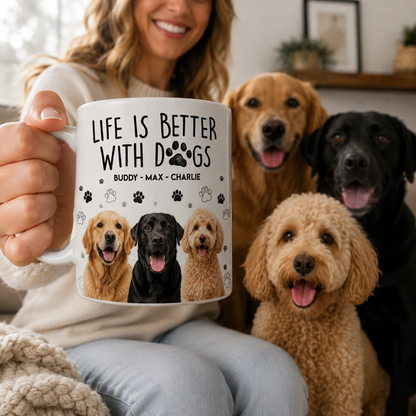 Woman holding Life Is Better With Dogs mug with three dogs