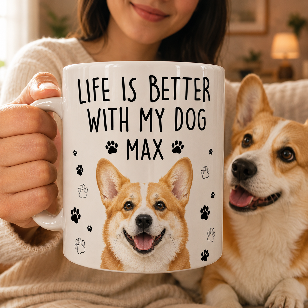 Person holding a mug with 'Life is better with my dog Max' text and a corgi's face on it, next to a corgi.
