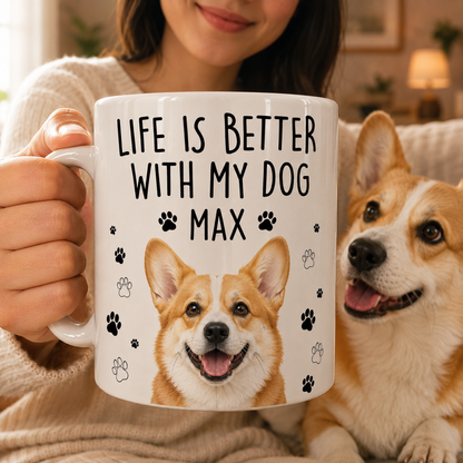 Person holding a mug with 'Life is better with my dog Max' text and a corgi's face on it, next to a corgi.