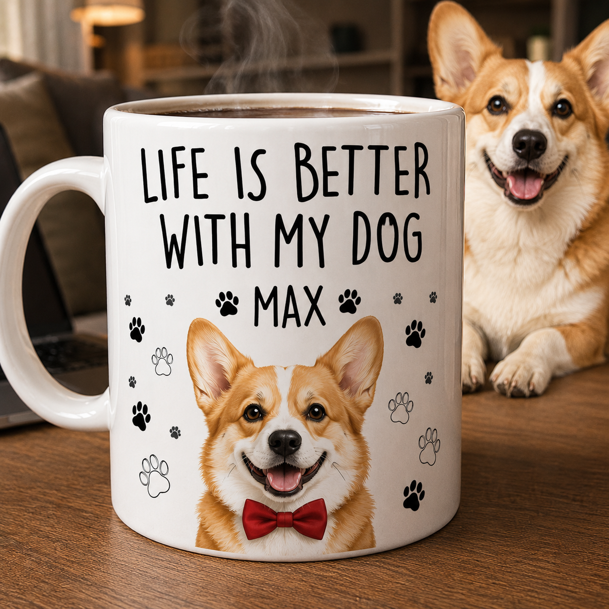 Mug with 'Life is better with my dog Max' text and a corgi illustration, placed on a wooden surface with a corgi in the background.