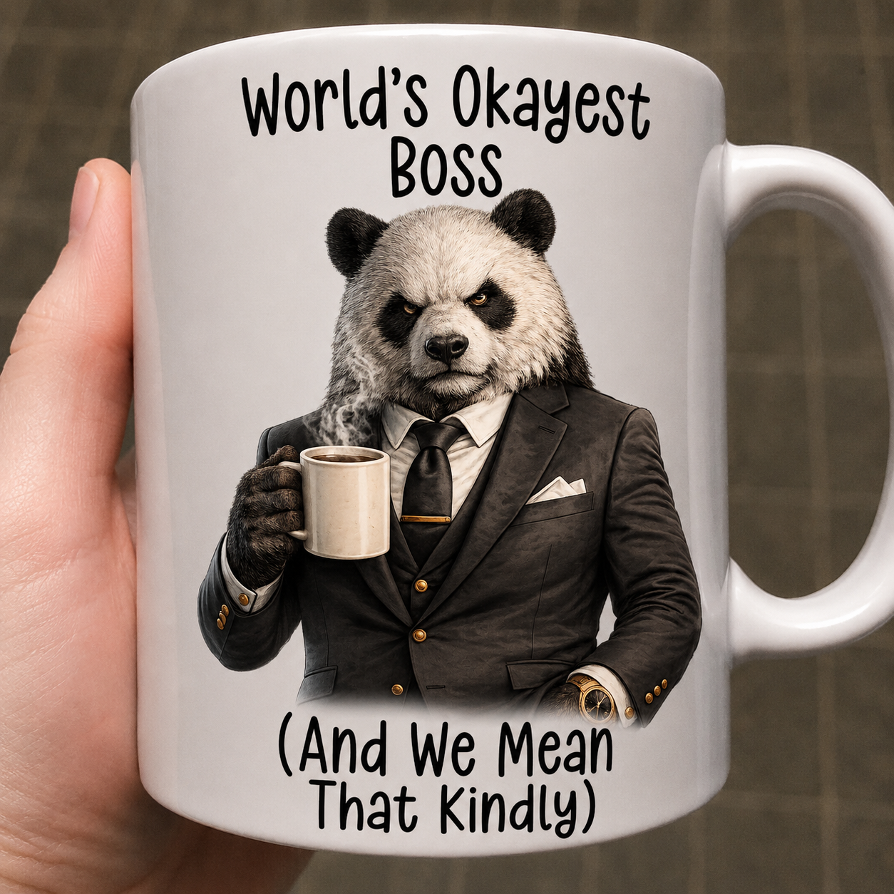 Okayest boss mug with quote "World's Okayest Boss (And We Mean That Kindly)" - funny sarcastic gift