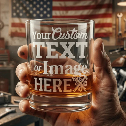 Personalized engraved whiskey glass with custom text, logo or photo engraving. Premium 11oz laser engraved rocks glass gift.