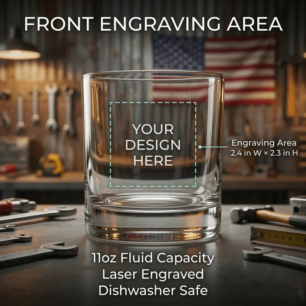 Personalized engraved whiskey glass with front engraving area for custom name, logo, symbol, or photo. engraved rocks glass