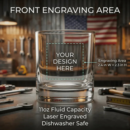 Personalized engraved whiskey glass with front engraving area for custom name, logo, symbol, or photo. engraved rocks glass