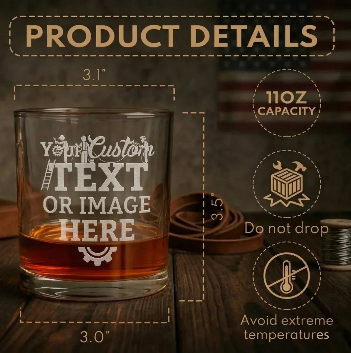 Personalized engraved whiskey glass product details including 11oz capacity, laser engraving and dishwasher safe glass.