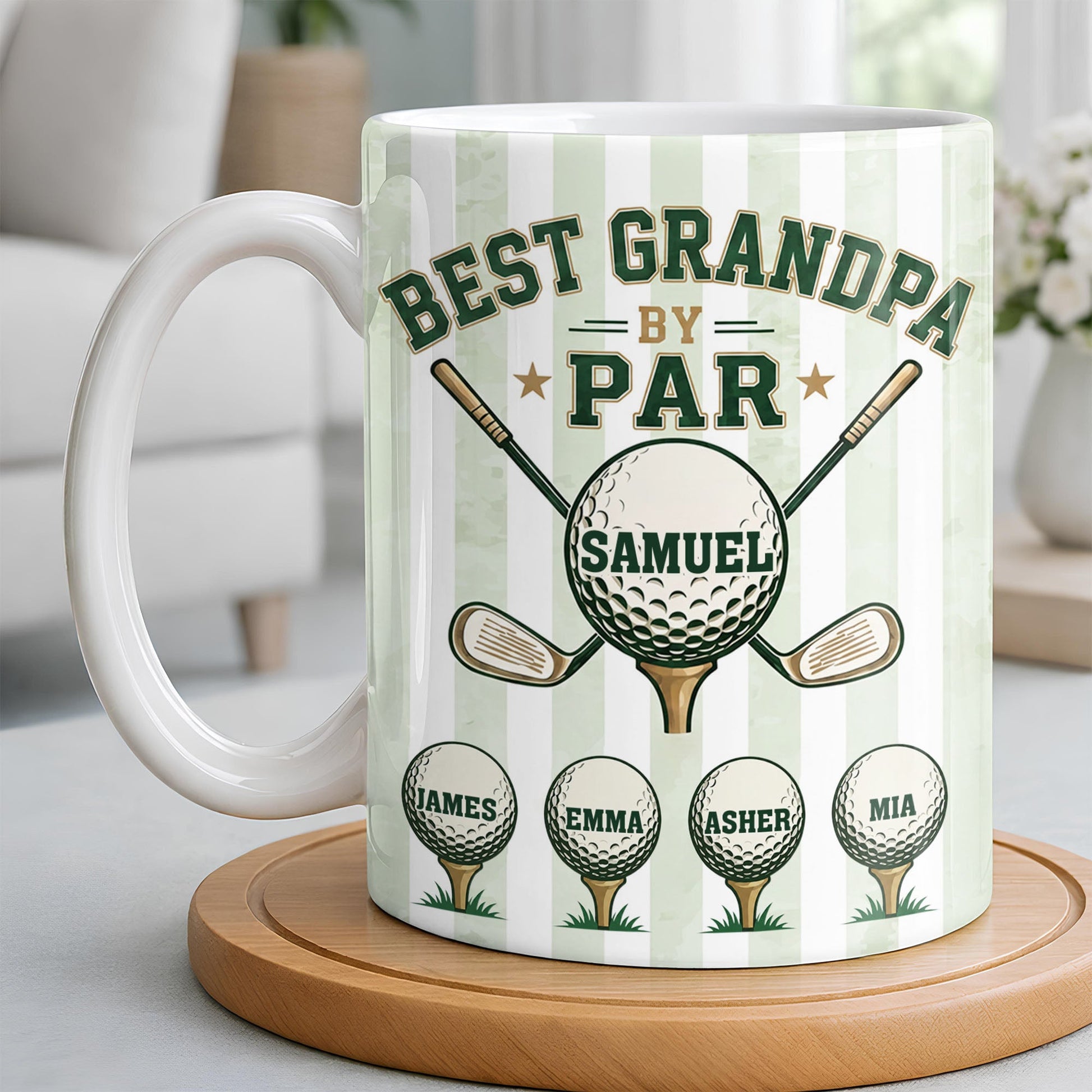 Personalized Sipengrave golf mug for grandpa with "Best Grandpa By Par" and custom name, perfect for coffee or tea.