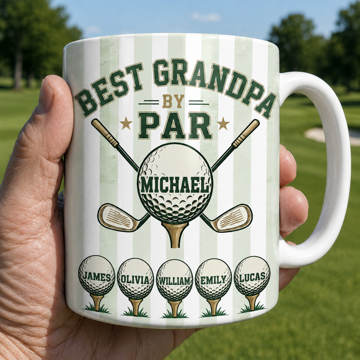 Personalized golf-themed coffee mug for grandpa with custom name, perfect for golf lovers and grandfathers.