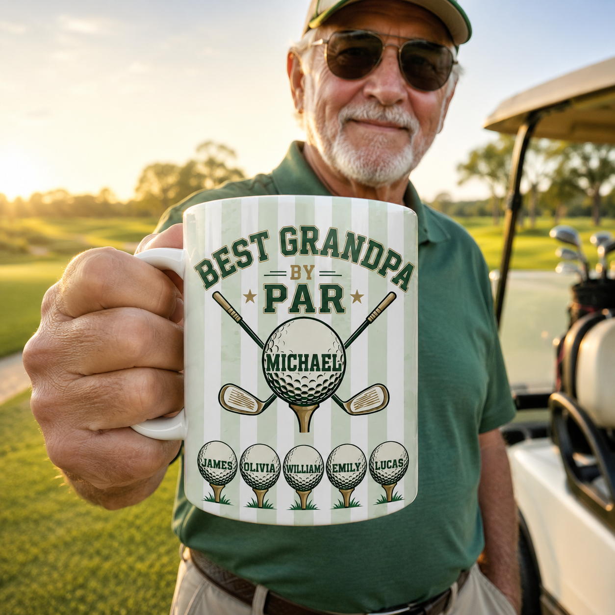 Personalized golf coffee mug for grandpa with custom name, featuring a "Best Grandpa By Par" design, from Sipengrave.