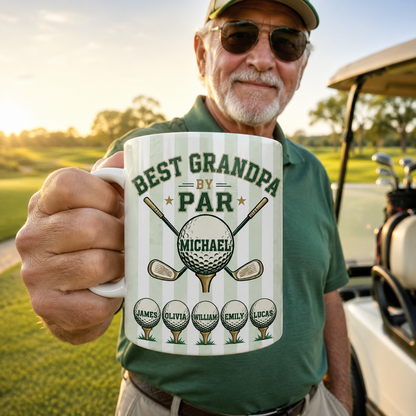 Personalized golf coffee mug for grandpa with custom name, featuring a "Best Grandpa By Par" design, from Sipengrave.