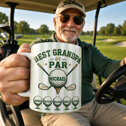 Personalized golf-themed coffee mug for grandpa by Sipengrave, featuring custom name and "Best Grandpa By Par" design.