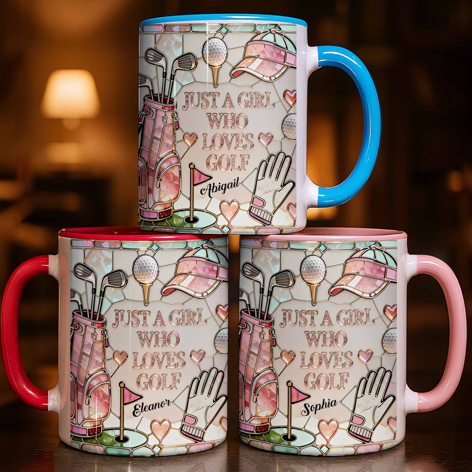 Personalized women's golf accent mug featuring "Just A Girl Who Loves Golf" for golf enthusiasts by Sipengrave.