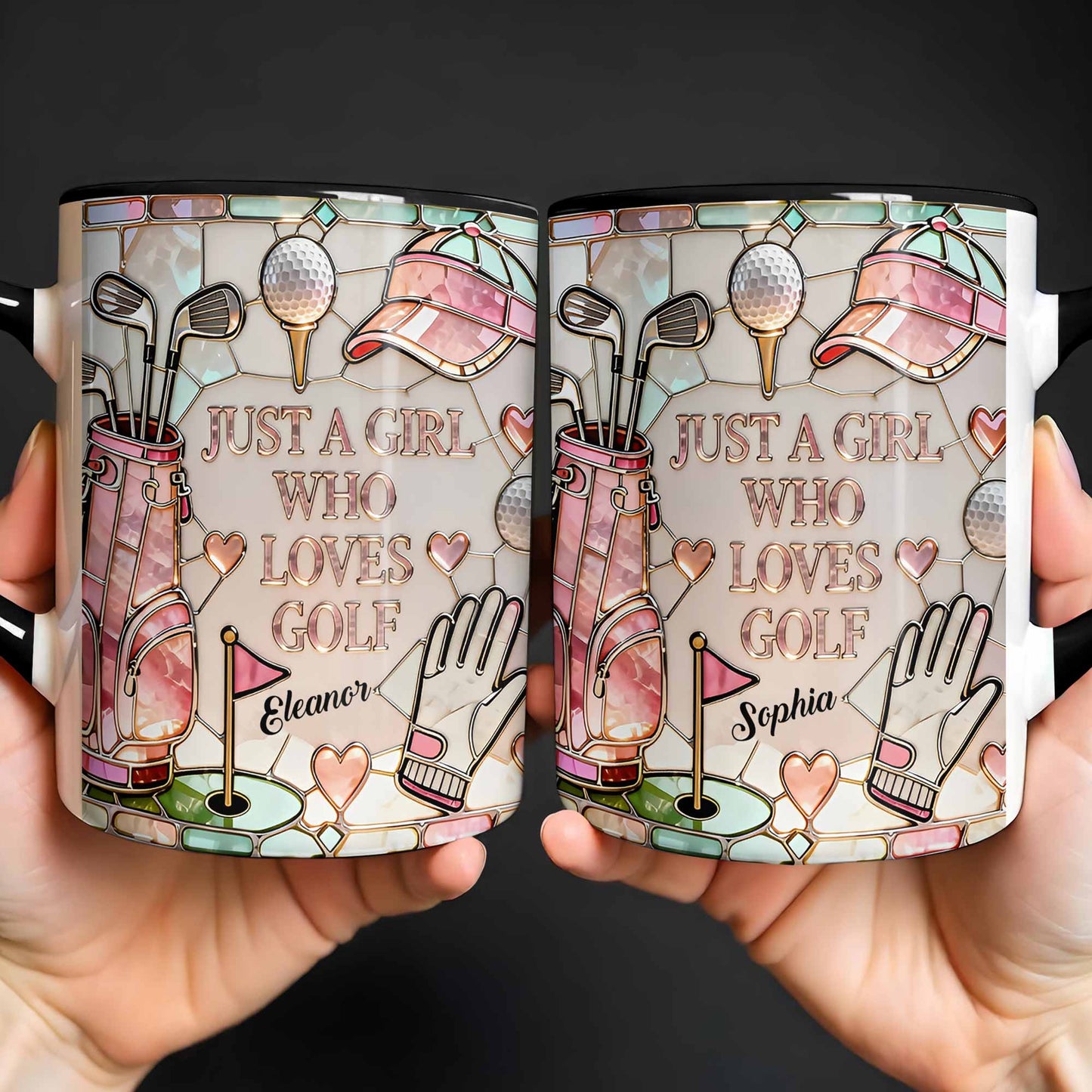 Personalized women's golf accent mug featuring "Just A Girl Who Loves Golf" with custom name from Sipengrave.