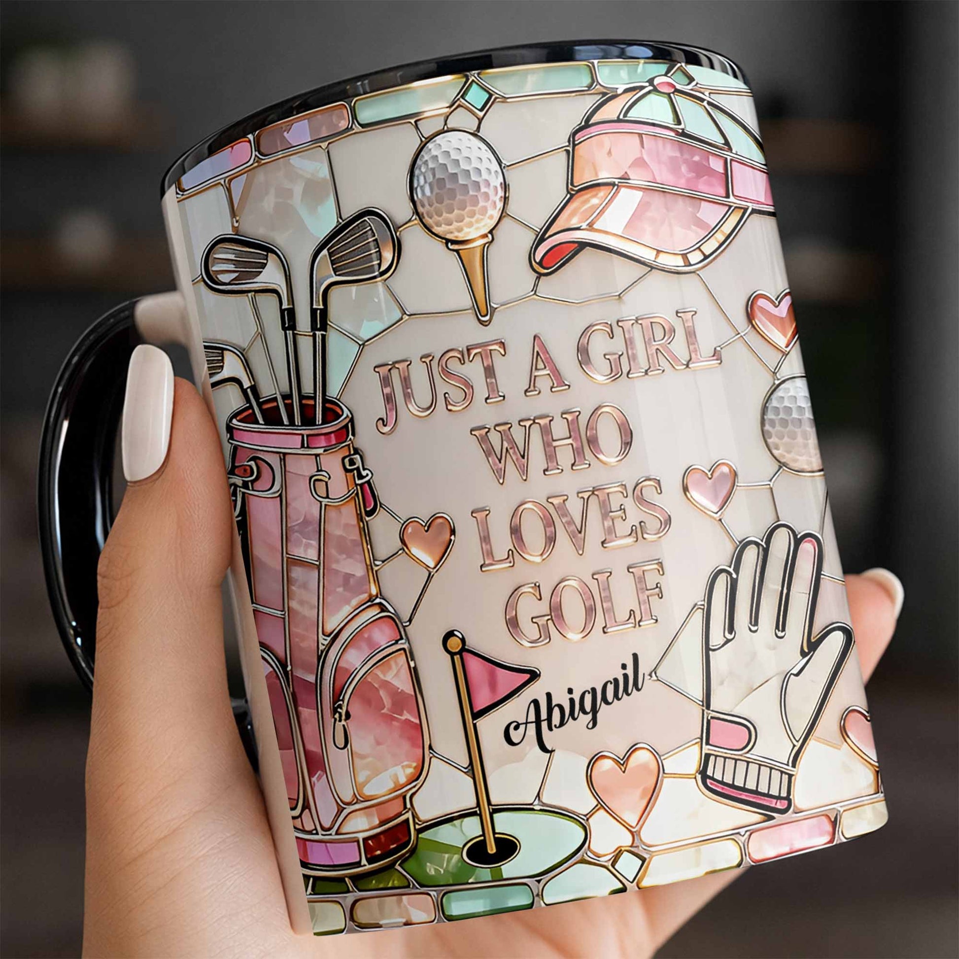Personalized women's golf accent mug featuring "Just A Girl Who Loves Golf" design, ideal for golf enthusiasts from Sipengrave.