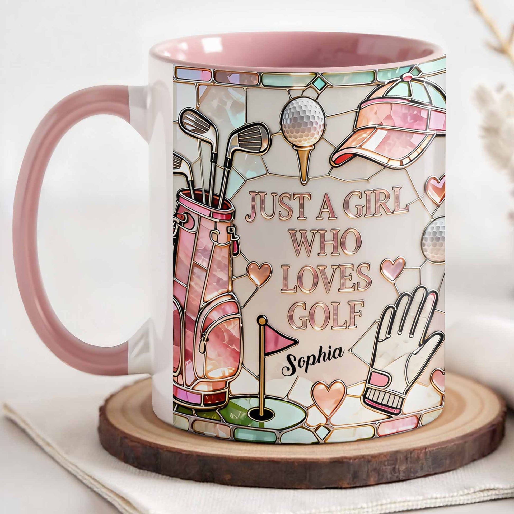 Personalized women's golf gift mug featuring "Just A Girl Who Loves Golf" with custom name, by Sipengrave.