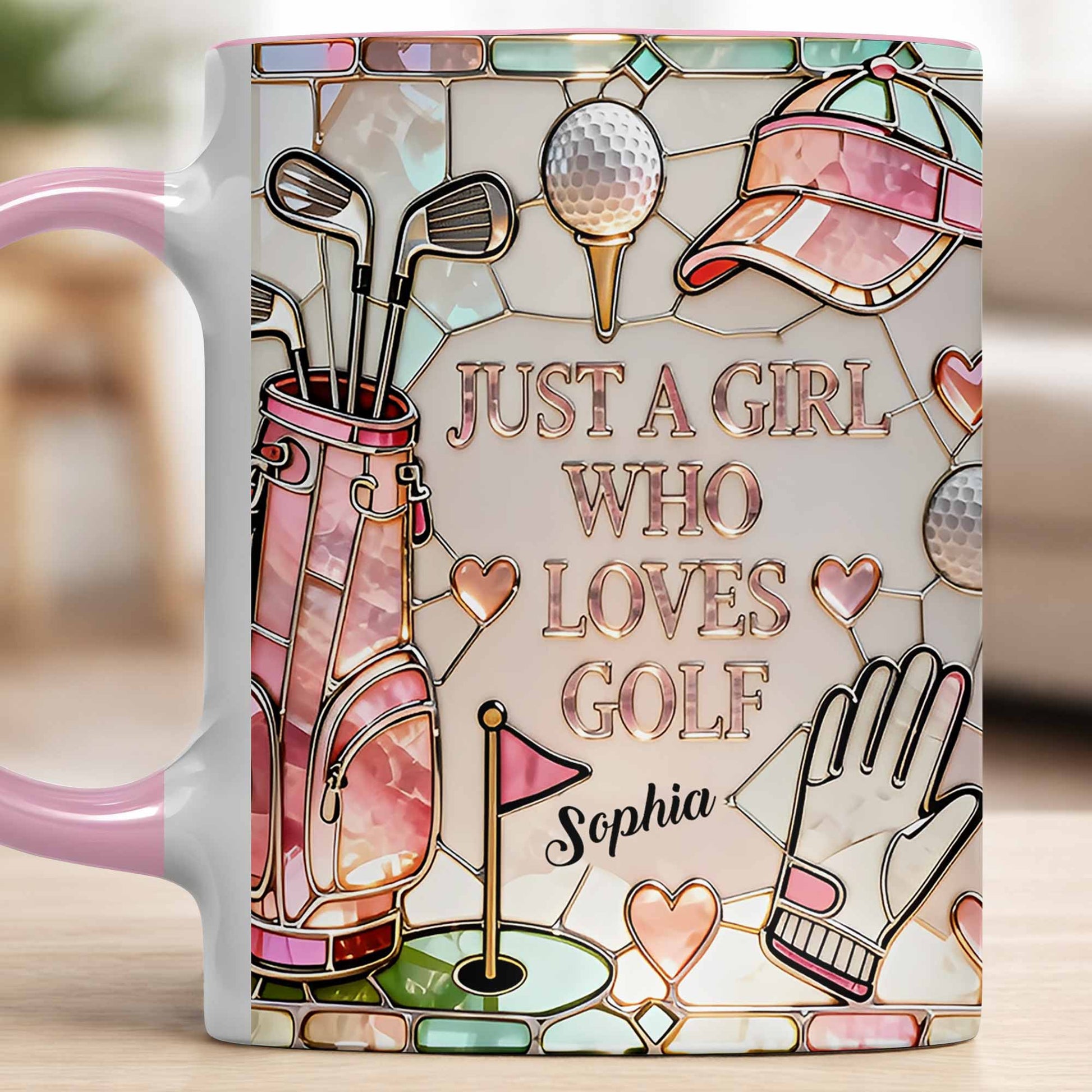 Personalized women's golf gift accent mug featuring "Just A Girl Who Loves Golf" with custom name by Sipengrave.