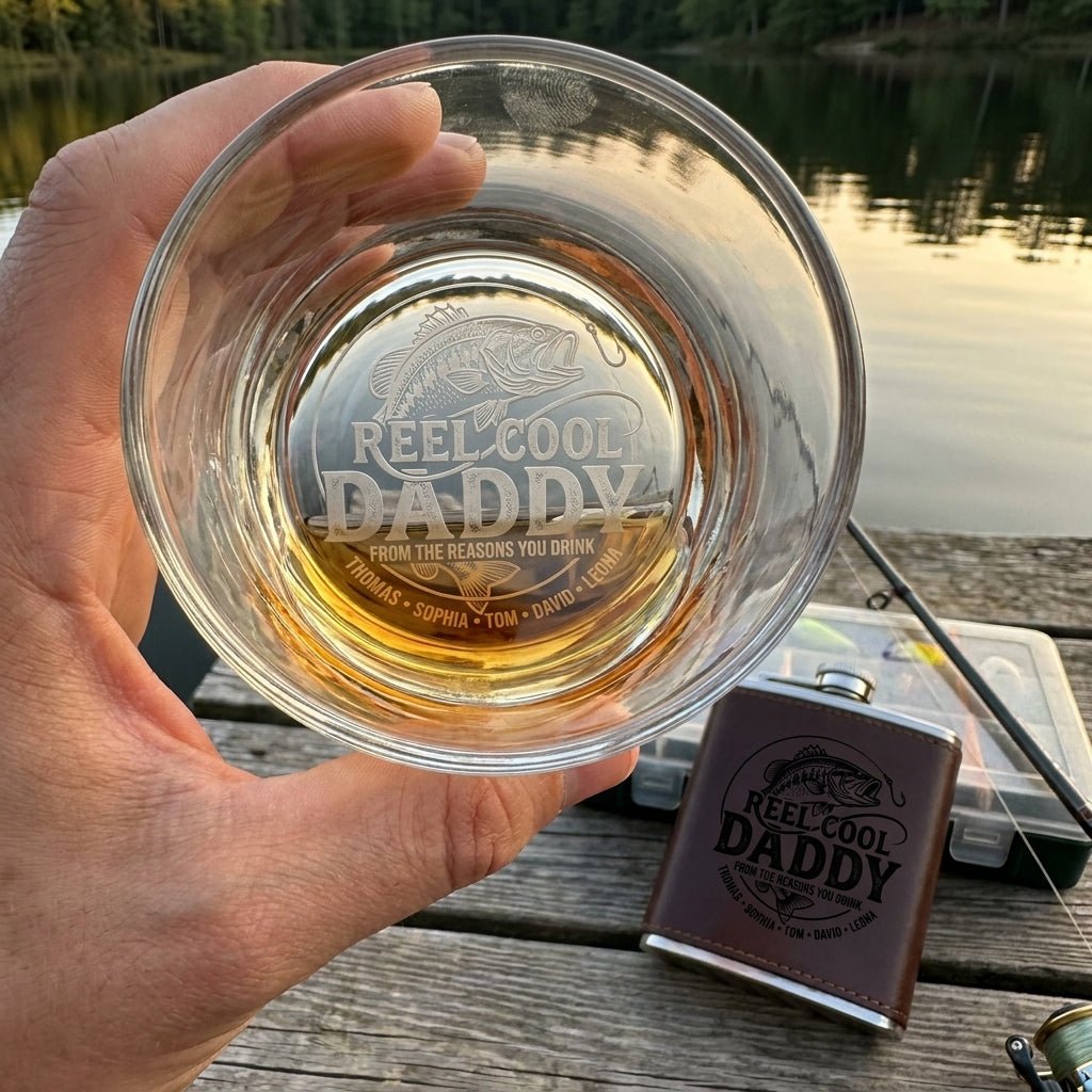 Personalized Fishing Gift for Dad – Custom Whiskey Glass – "Reel Cool Daddy" - Sipengrave