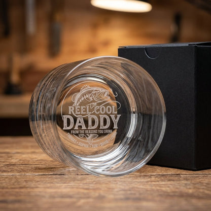 Personalized Fishing Gift for Dad – Custom Whiskey Glass – "Reel Cool Daddy" - Sipengrave