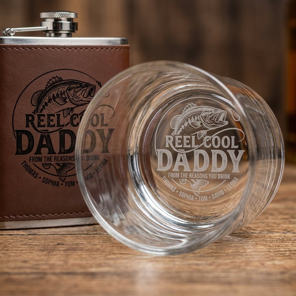 Personalized Fishing Gift for Dad – Custom Whiskey Glass – "Reel Cool Daddy" - Sipengrave
