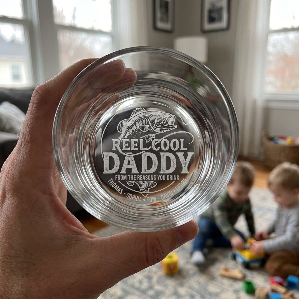Personalized Fishing Gift for Dad – Custom Whiskey Glass – "Reel Cool Daddy" - Sipengrave