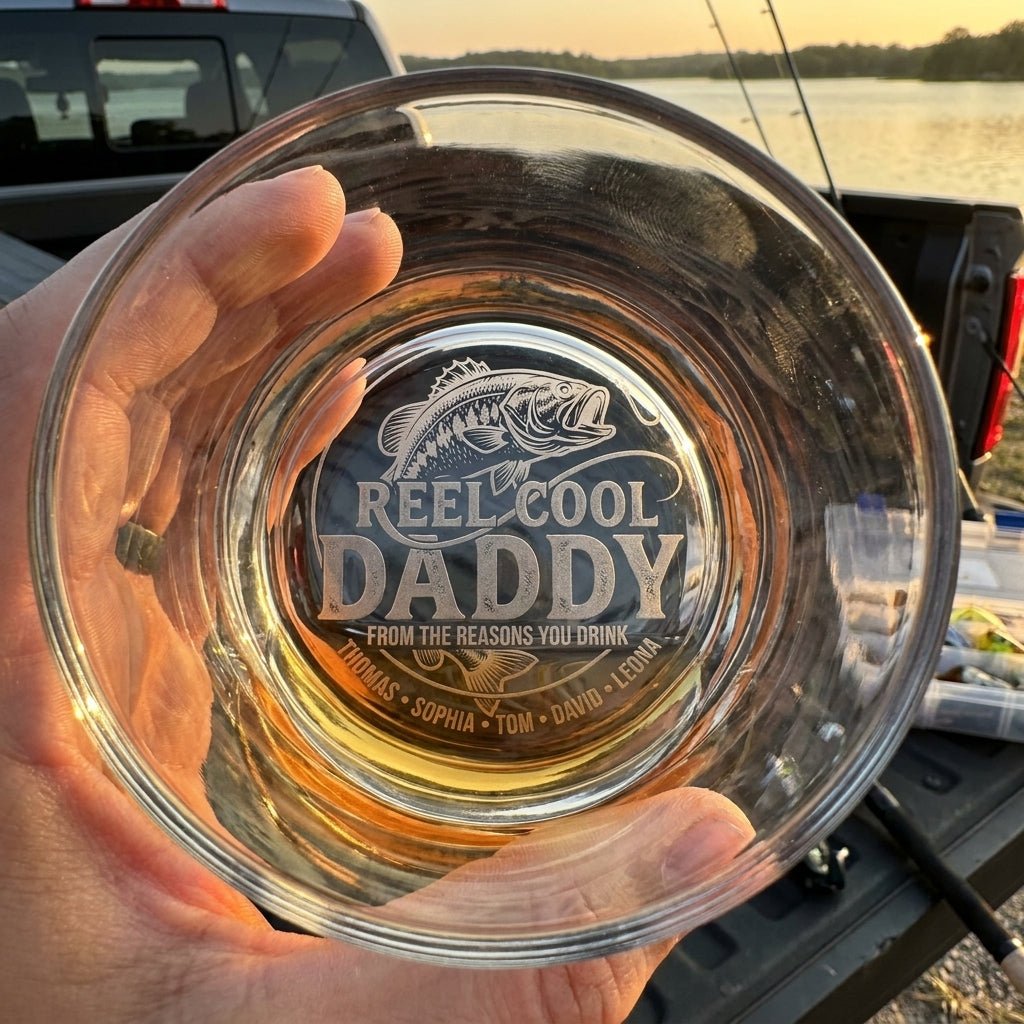 Personalized Fishing Gift for Dad – Custom Whiskey Glass – "Reel Cool Daddy" - Sipengrave