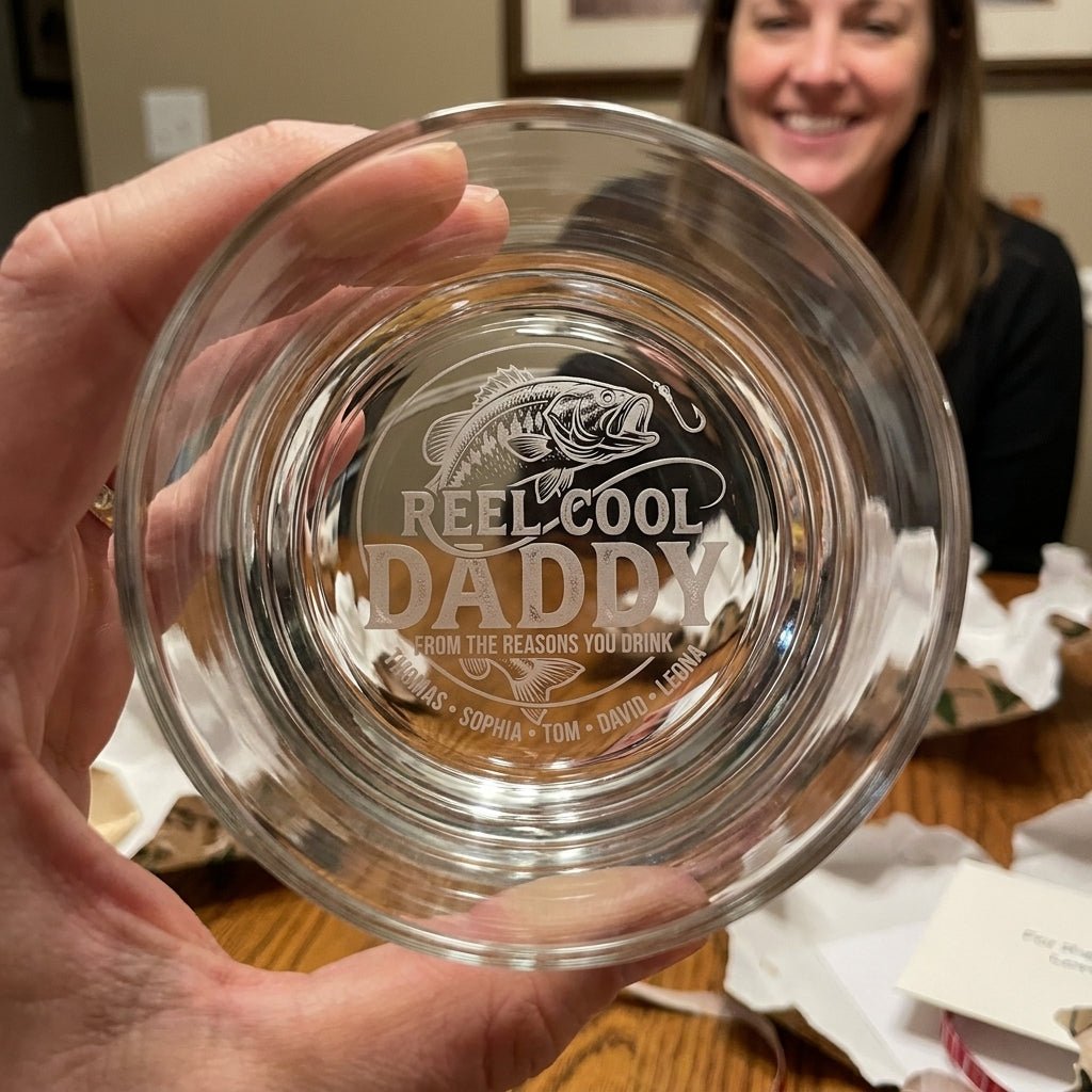 Personalized Fishing Gift for Dad – Custom Whiskey Glass – "Reel Cool Daddy" - Sipengrave